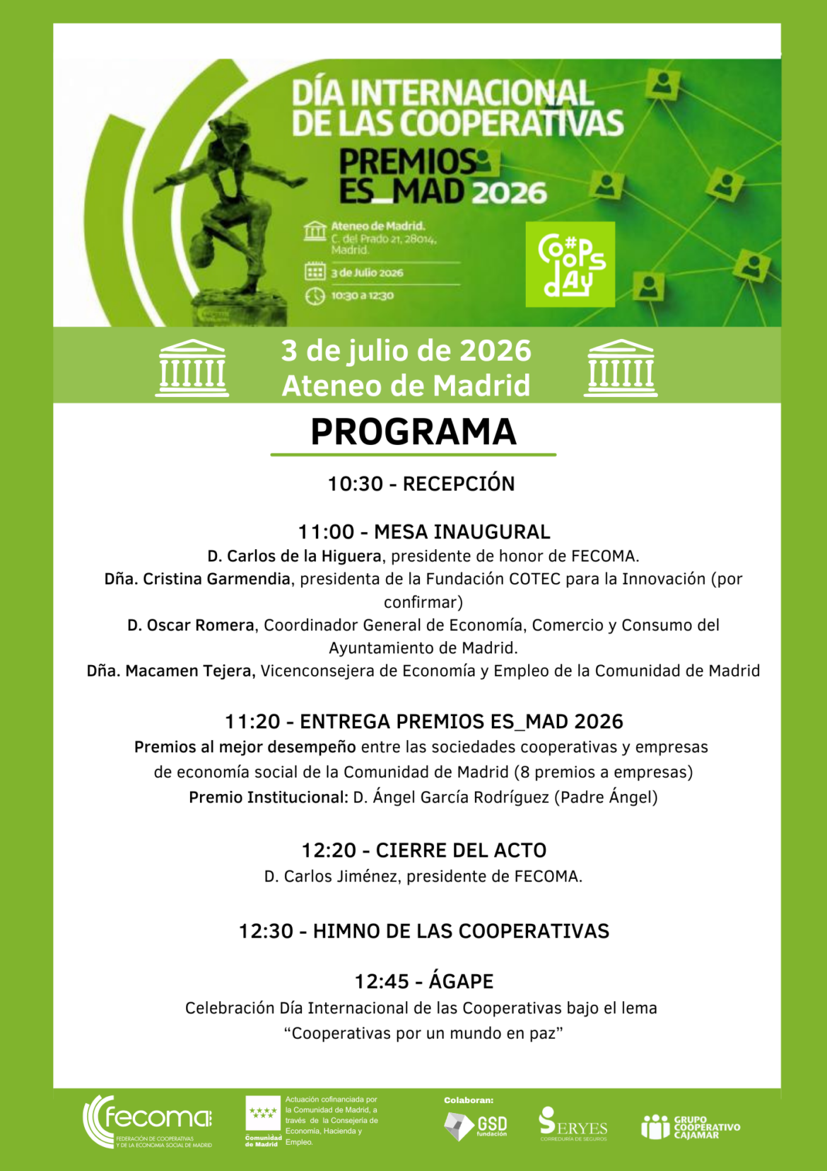 El Ateneo de Madrid acogerá la celebración del Día Internacional de las Cooperativas y la entrega de los Premios ES_MAD 2026 de FECOMA