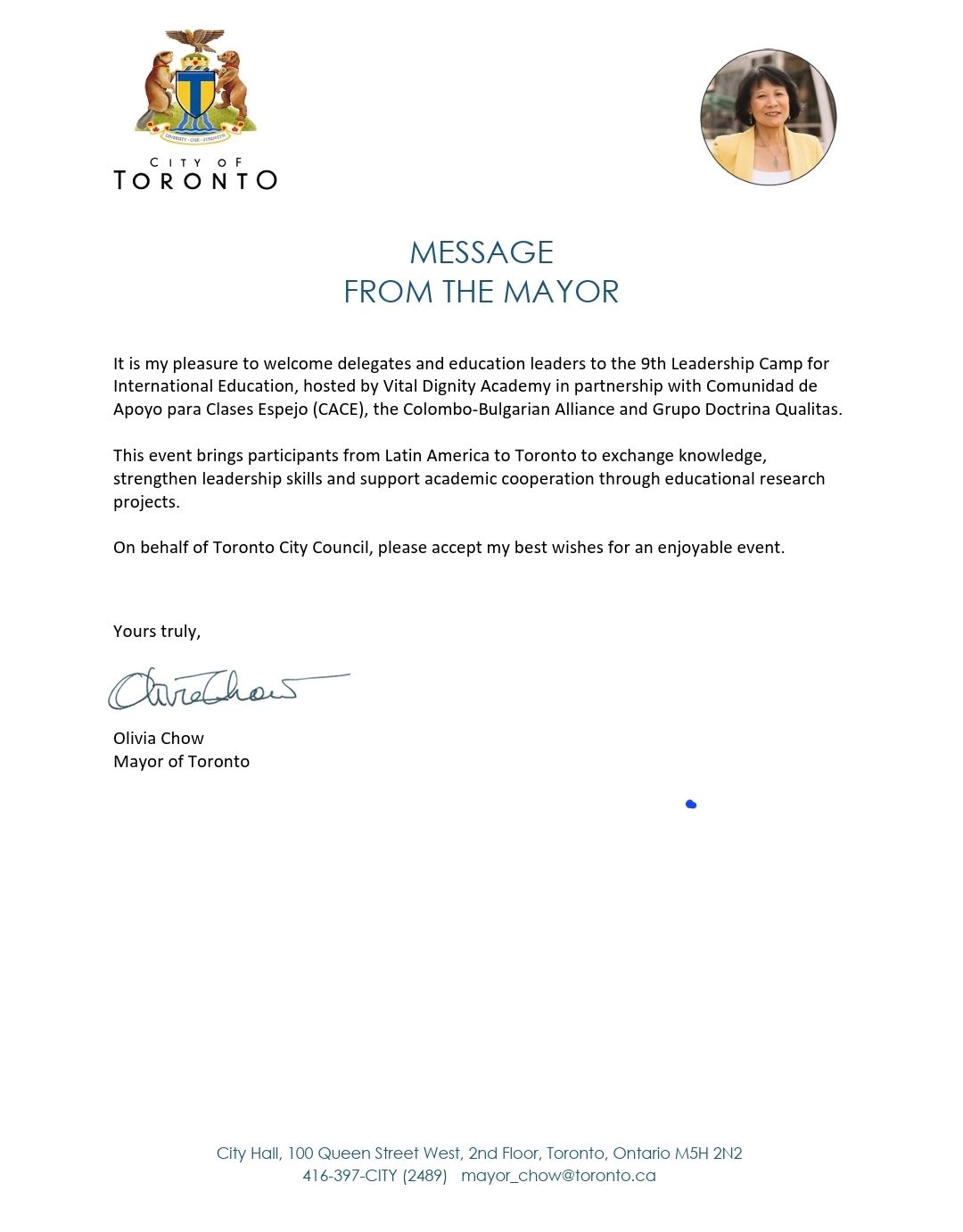 Doctrina Qualitas y su partner canadiense Vital Dignity, reciben el respaldo institucional de la alcaldesa de Toronto y del premier de Ontario 