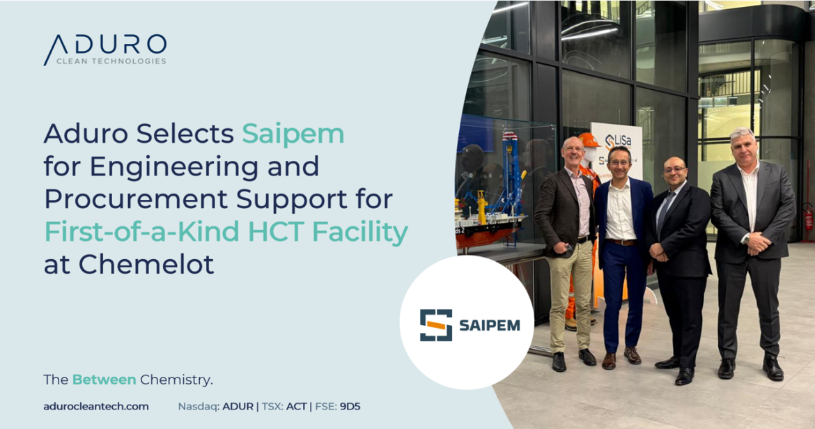 Aduro elige a Saipem para que le preste apoyo en ingeniería y aprovisionamiento para la primera instalación de HCT de este tipo en Chemelot